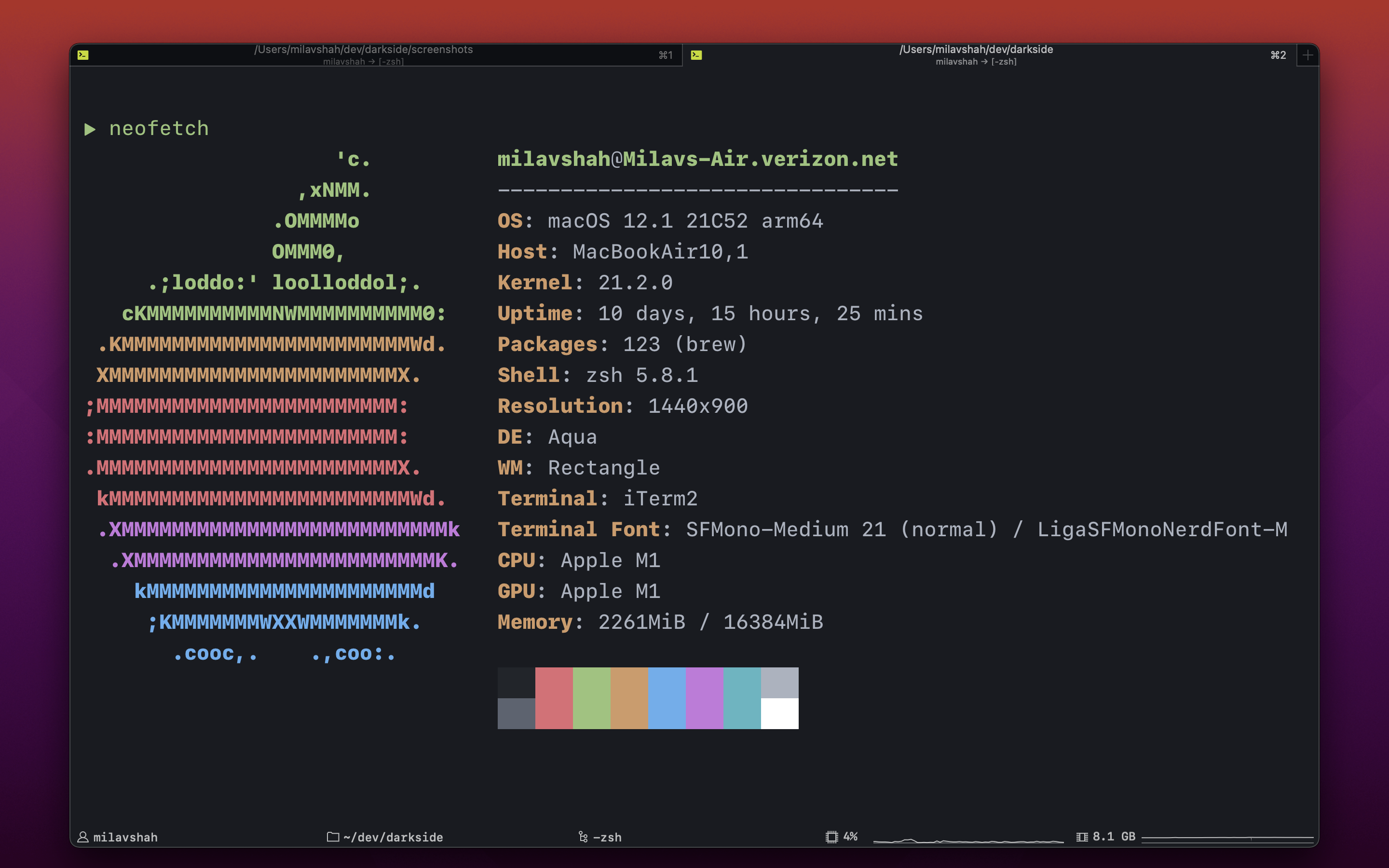 Darkside colorscheme on terminal. There is a rainbow Apple logo displaying all the colors.