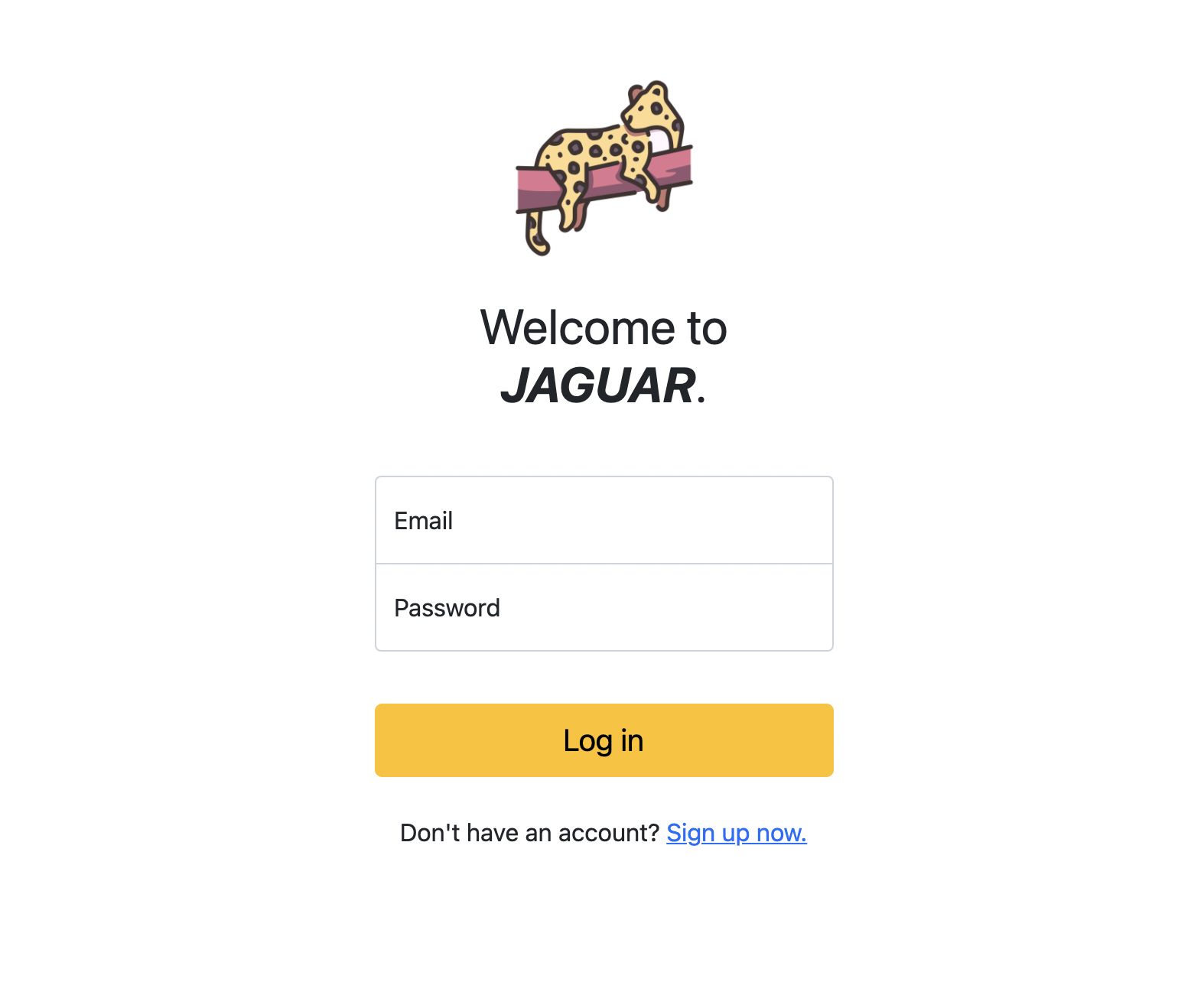 The login page for Jaguar. There is a logo, input boxes, and a login button in yellow.