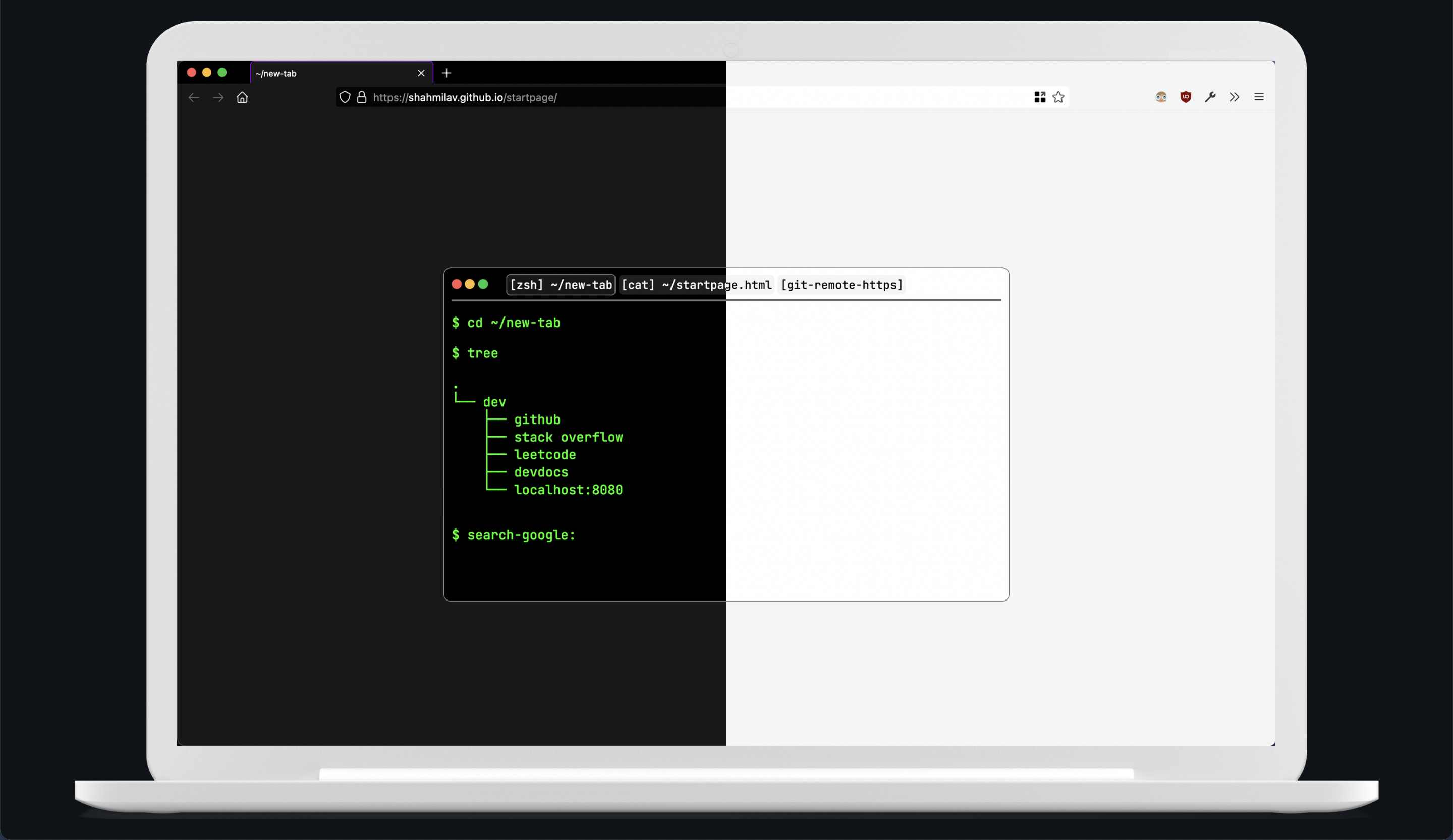 A newtab page that looks like a terminal. There are two themes shown, dark and light. The text is green.